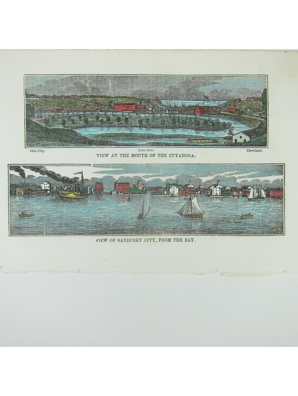 Engraving Print Ohio Cuyahoga River, Sandusky City Bay Hand Colored Antique 1847